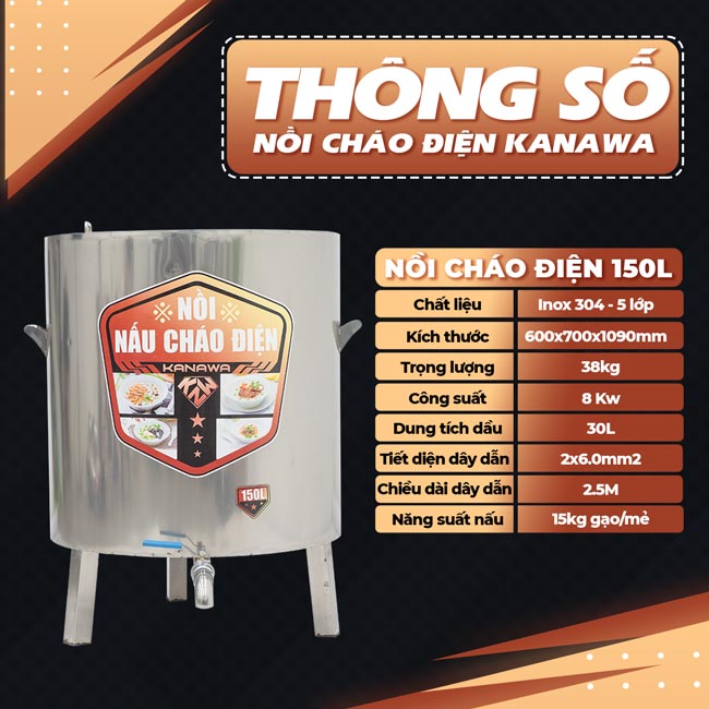 Thông số nồi cháo điện 150l