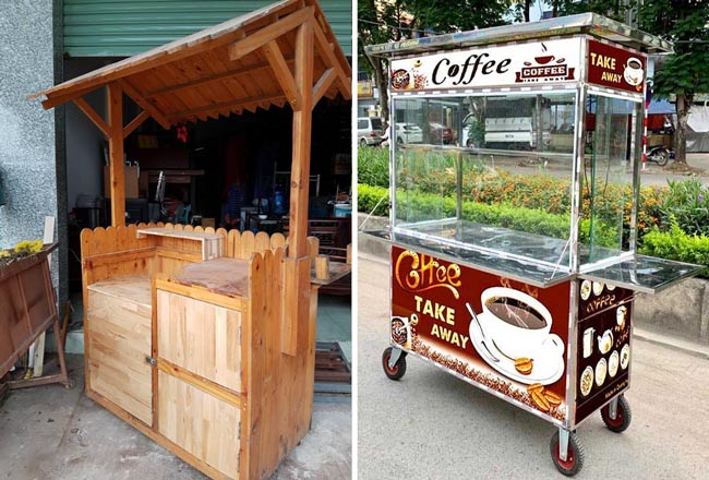 xe cà phê mang đi bằng gỗ và inox