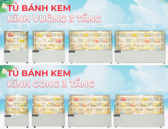 tủ trưng bày bánh kem kính vuông kính cong