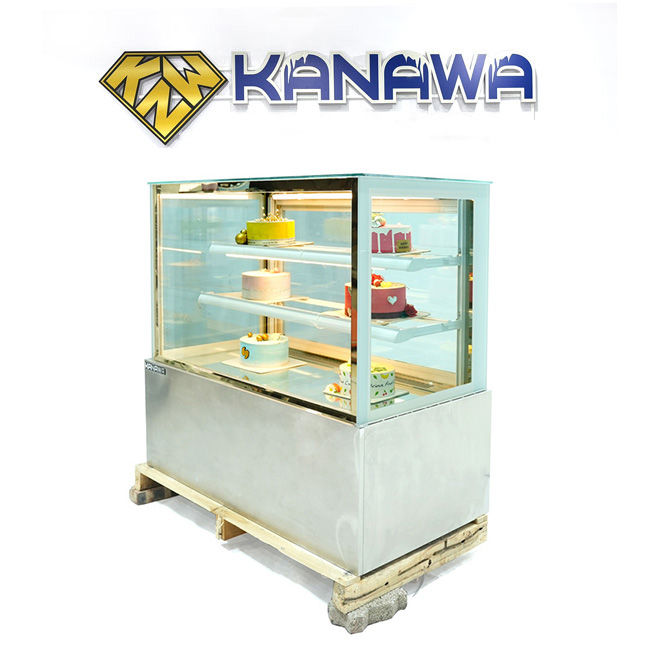 Tủ bánh kem 1m2 kính vuông 3 tầng bệ inox TBK3T-1.2V-I3