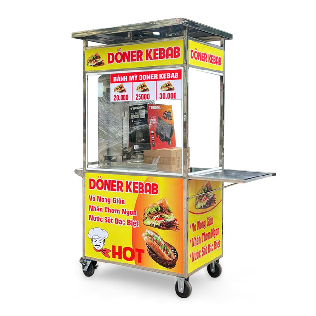Xe đẩy bán bánh mì Doner Kebab 90cm mái bằng
