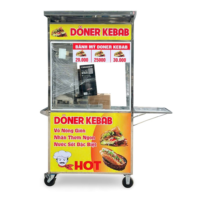 Xe đẩy bán bánh mì Doner Kebab 90cm mái bằng