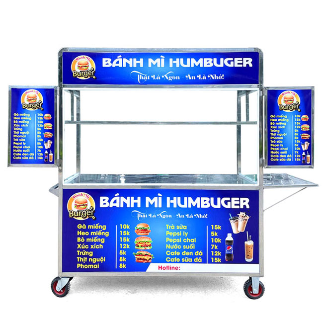 Xe đẩy bán bánh mì Humbuger mái bằng 1m8