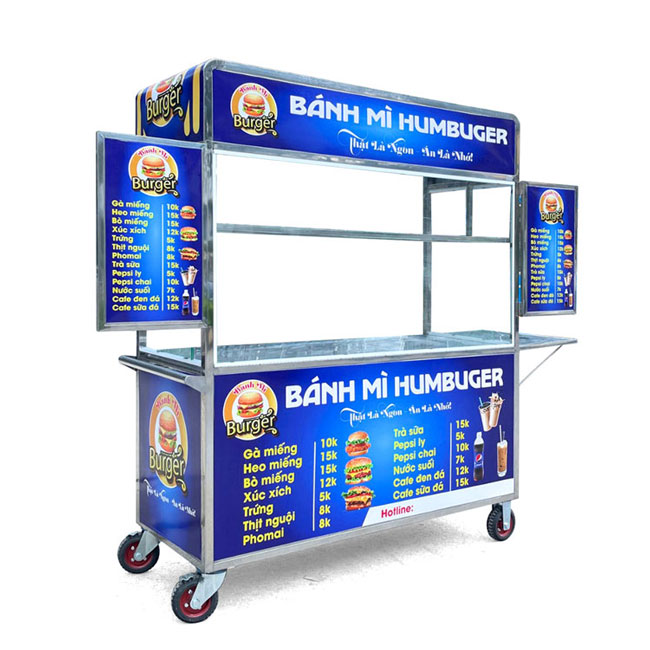 Xe đẩy bán bánh mì Humbuger mái bằng 1m8