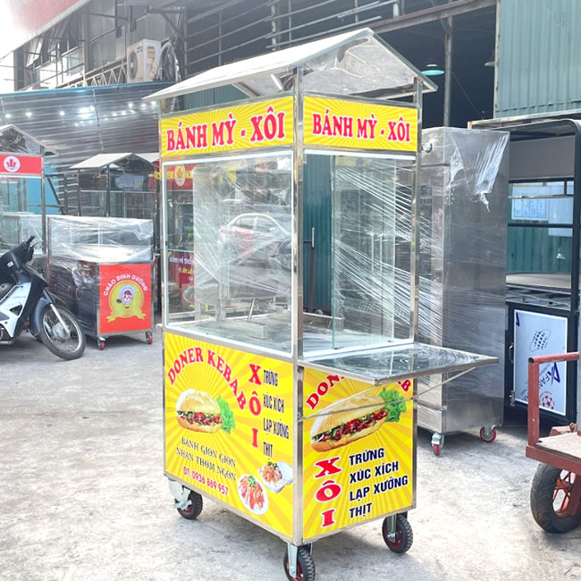 Xe đẩy bán bánh mì xôi 90cm mái chùa
