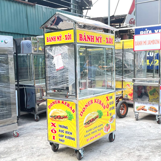 Xe đẩy bán bánh mì xôi 90cm mái chùa