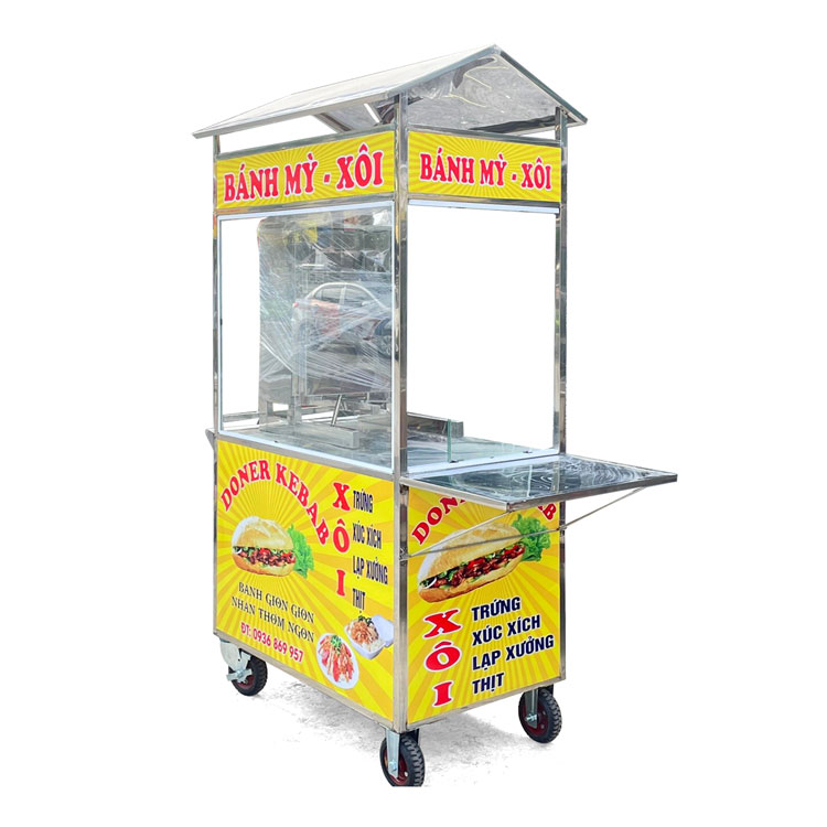 Xe đẩy bán bánh mì xôi 90cm mái chùa