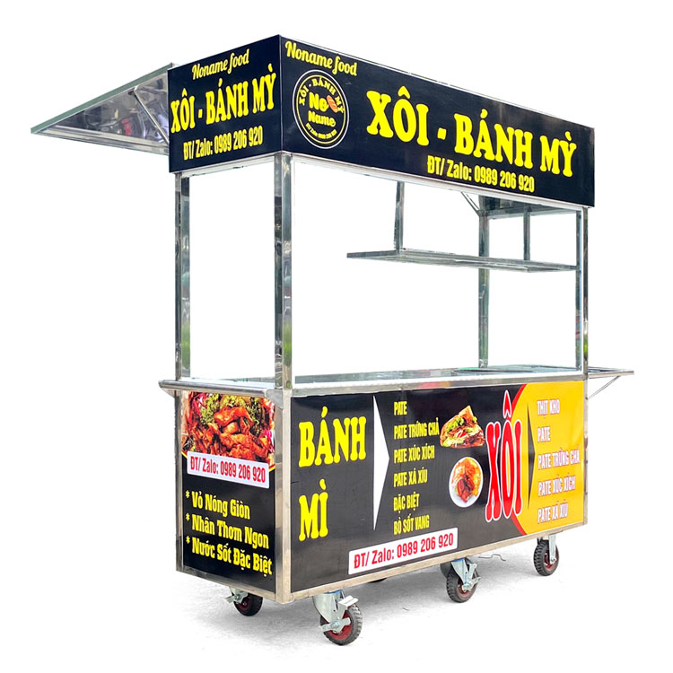 Xe đẩy bán xôi bánh mì 1m8 mái bằng màu đen
