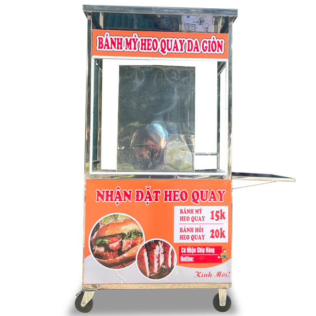 Xe đẩy bán bánh mì heo quay da giòn 90cm mái bằng
