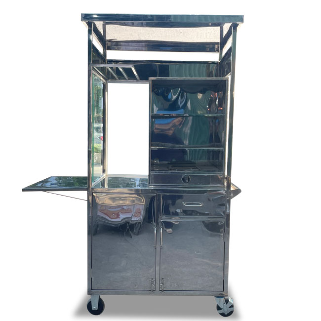 Xe đẩy bán bánh mì heo quay da giòn 90cm mái bằng