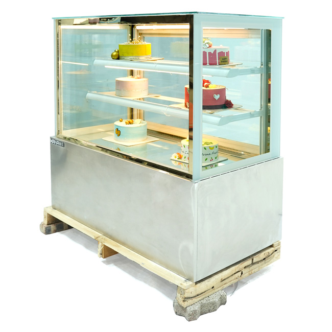 Tủ bánh kem 1m2 3 tầng kính vuông bệ inox