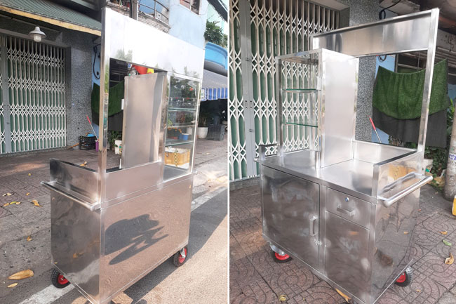 Xe đẩy b&aacute;n c&aacute; vi&ecirc;n chi&ecirc;n chất liệu inox