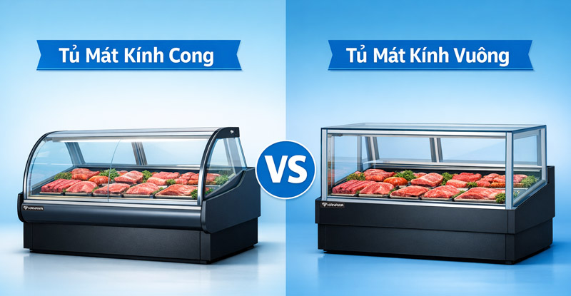 Tủ m&aacute;t trưng b&agrave;y thịt k&iacute;nh cong v.s k&iacute;nh vu&ocirc;ng