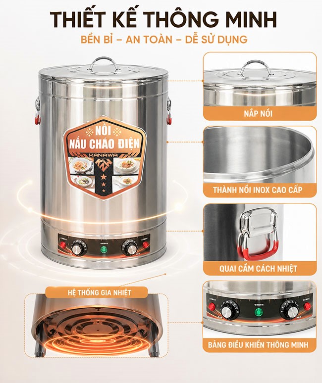 Cấu tạo nồi nấu ch&aacute;o điện nhập khẩu Kanawa