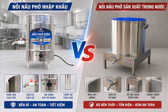 So s&aacute;nh nồi nấu phở điện nhập khẩu với nồi sản xuất trong nước