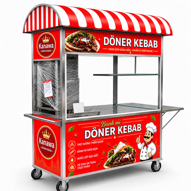 Xe bánh mì Doner Kebab 1m5 mái vòm màu đỏ